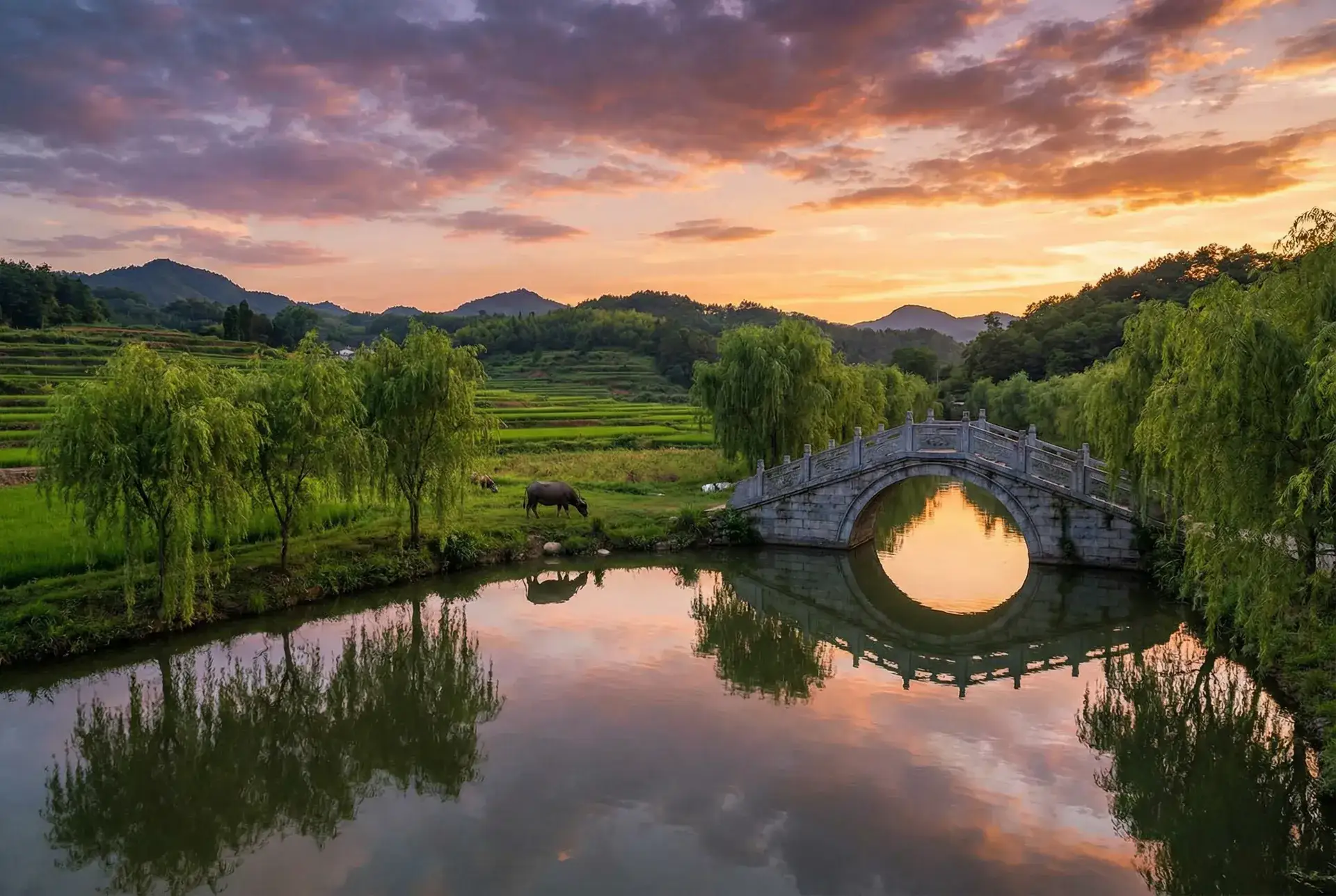 夕阳下的石拱桥与垂柳，水牛在河边吃草 - 哔哩哔哩隐藏的肉片B站 乡村美景