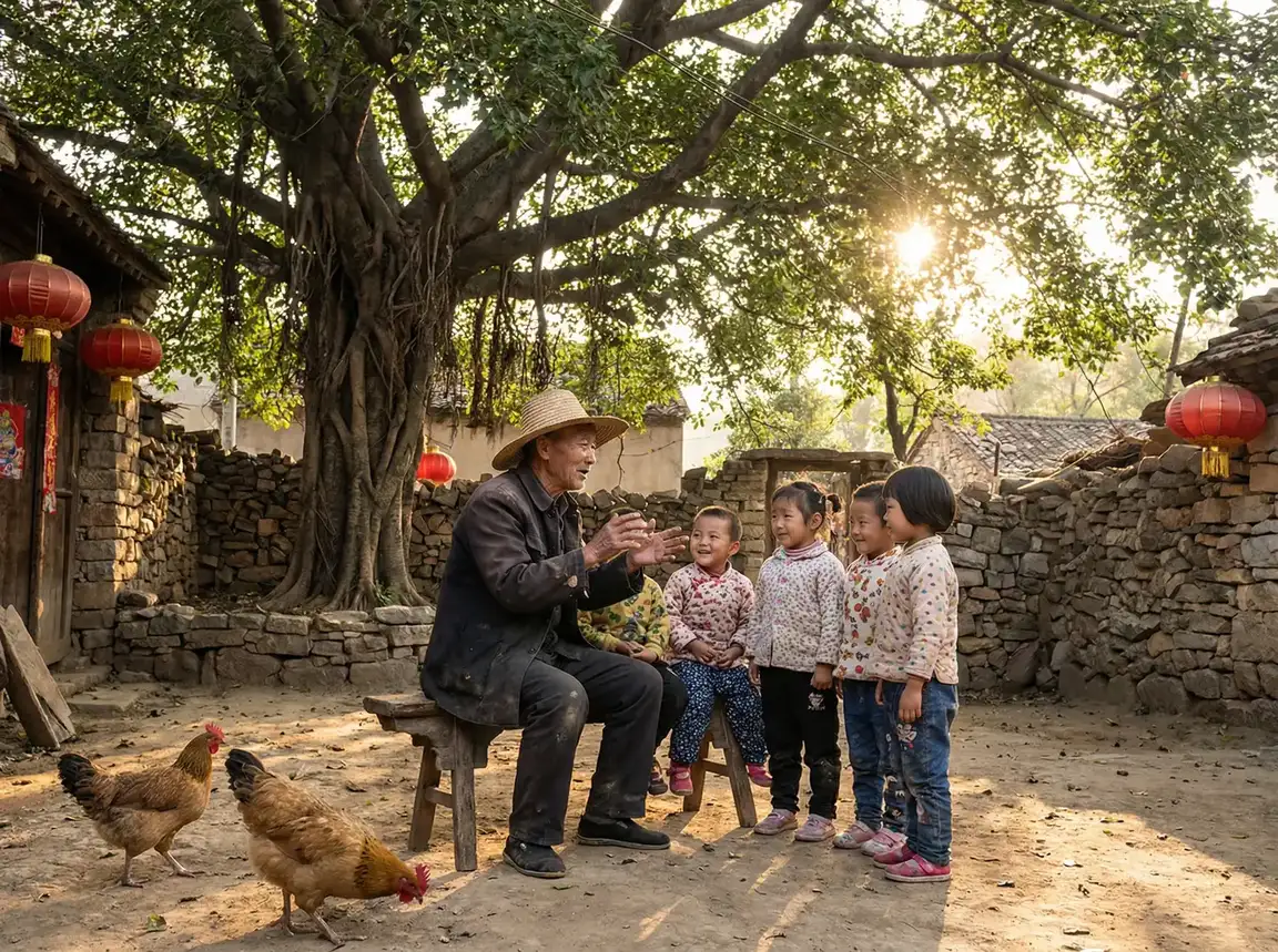 老人在大榕树下给孩子们讲故事 - 哔哩哔哩隐藏的肉片B站 乡村记忆